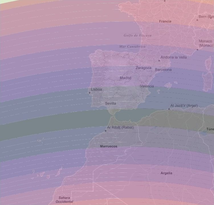 Mapa del eclipse solar total del 2 de agosto de 2027: la franja de totalidad cruza el estrecho de Gibraltar entre el sur de España y el norte de Marruecos, con bandas de parcialidad sobre toda la península, Portugal, Francia y Argelia